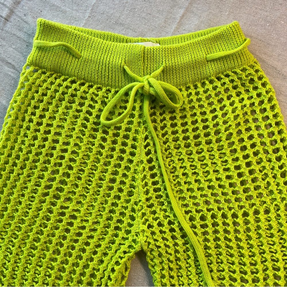 Lime Green Net Style Open Knit Flared Pants - image 5
